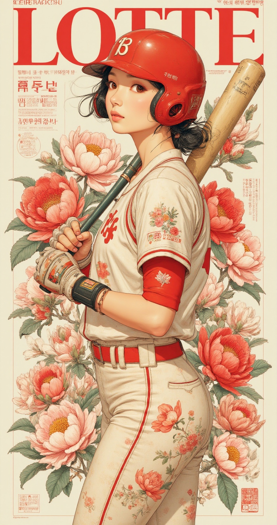 (floralhanbok),  sporty girl wearing baseball uniform with floral patterns,  red helmet on Tensor.Art