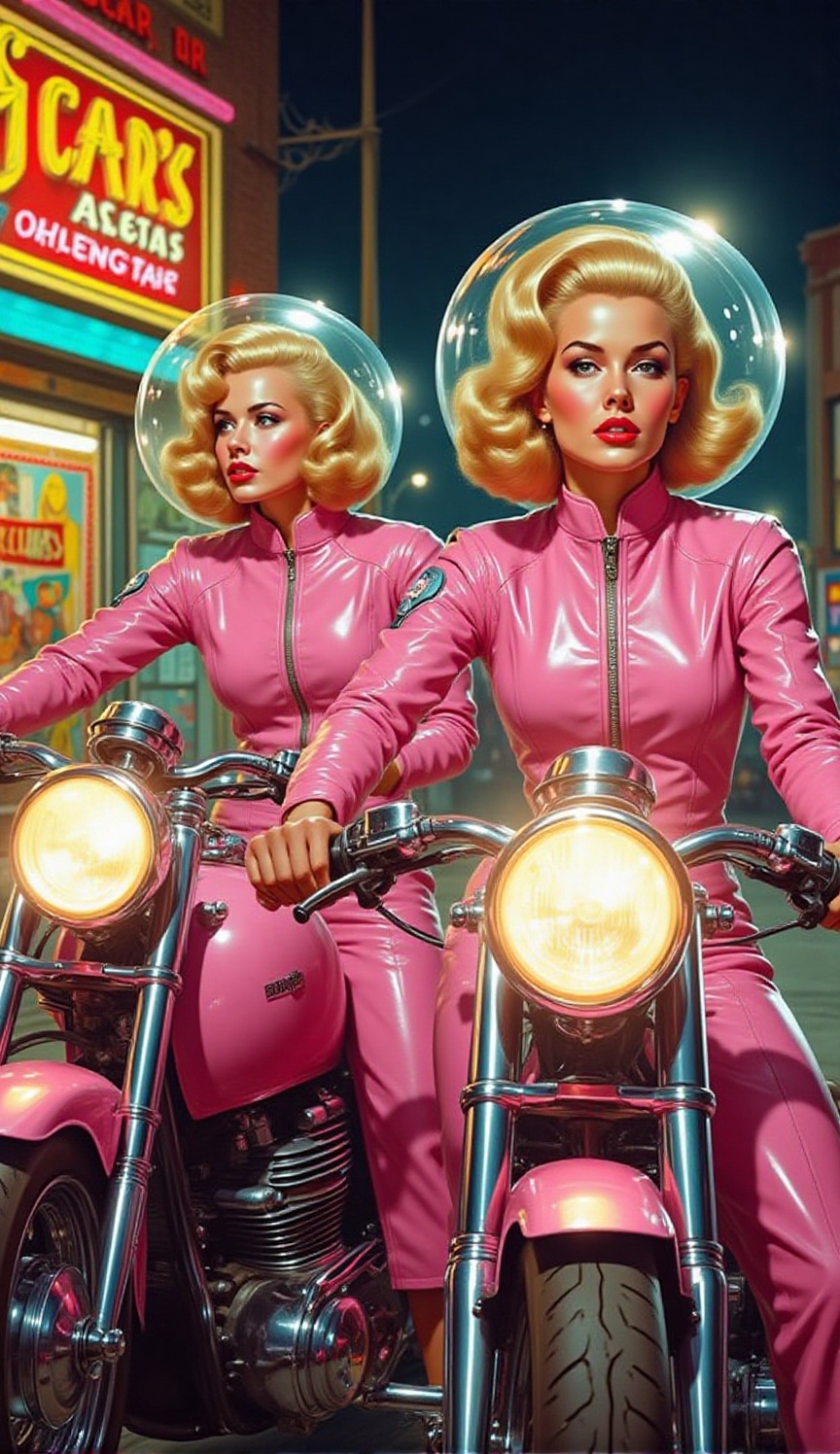 A vibrant retro comic style,  retro-futuristic scene showing two stylish women riding matching,  bubblegum-pink motorcycle...