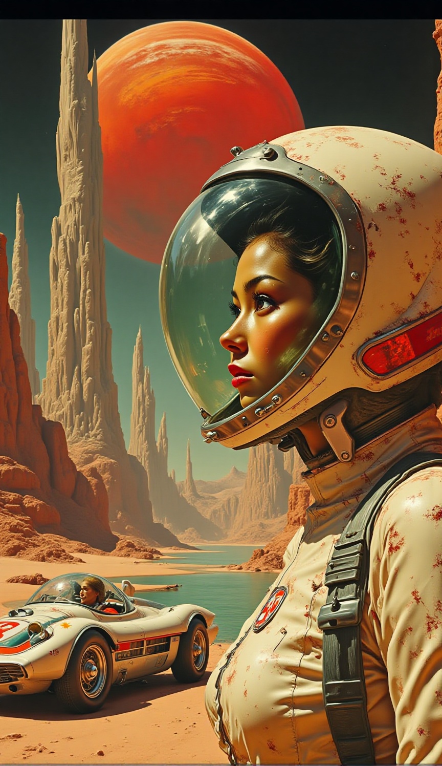 A stunning cinematic portrait in the style of retro-futurism,  capturing a stylish woman wearing a vintage,  bubble-domed...