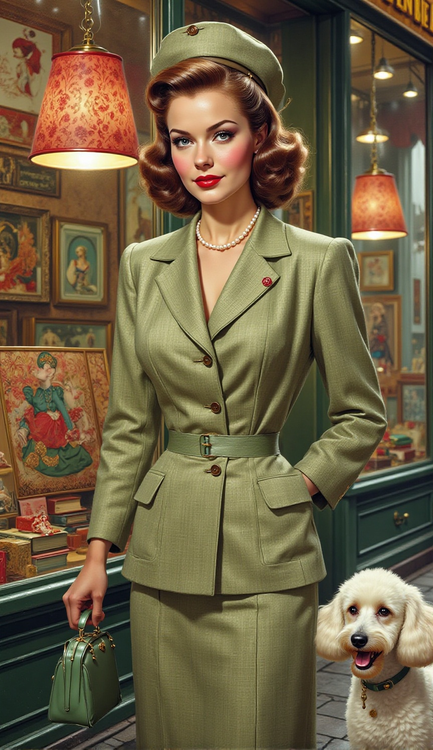 A vibrant retro comic style,  A glamorous woman in a perfectly tailored,  sage-green tweed suit and matching pillbox hat s...