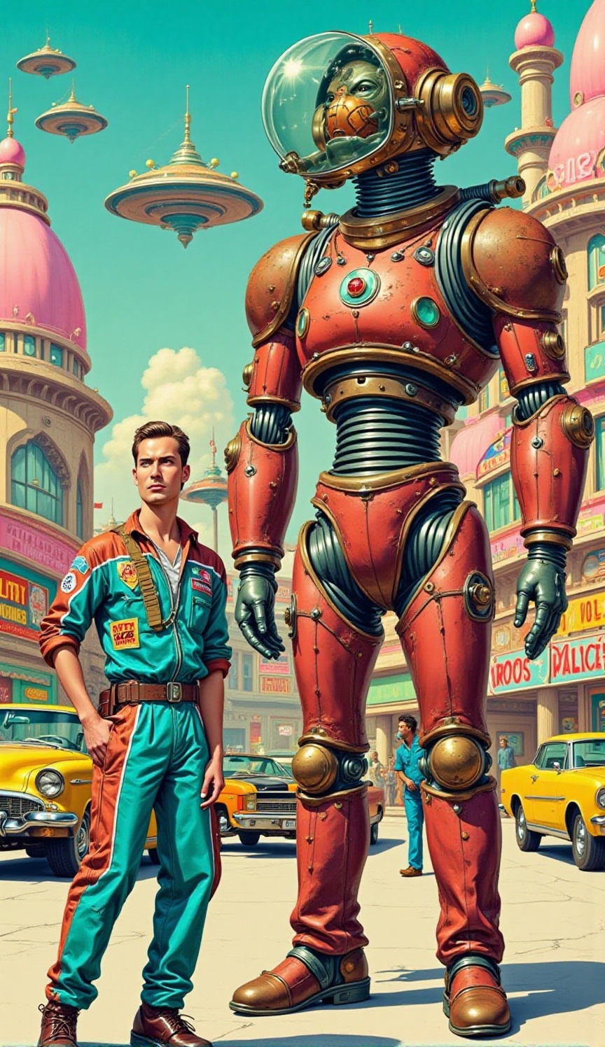 A vibrant retro comic style image that combines the vibrant optimism of retro-futurism with the gritty realism of steampun...