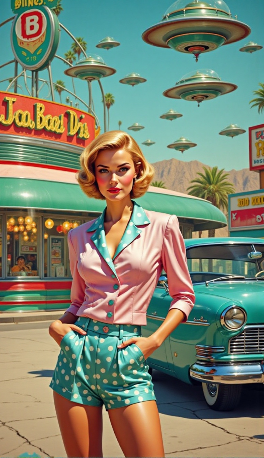 A vibrant,  cinematic scene that fuses the styles of retro-futurism and pop art. A stylish woman,  with a blonde bob hairc...