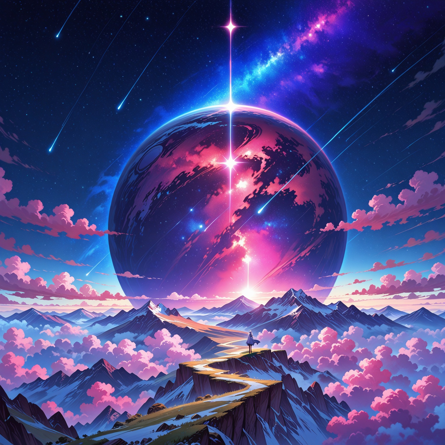Masterpiece,  ultra-high resolution,  centered epic composition. A breathtaking anime-style mountain range under a surreal...