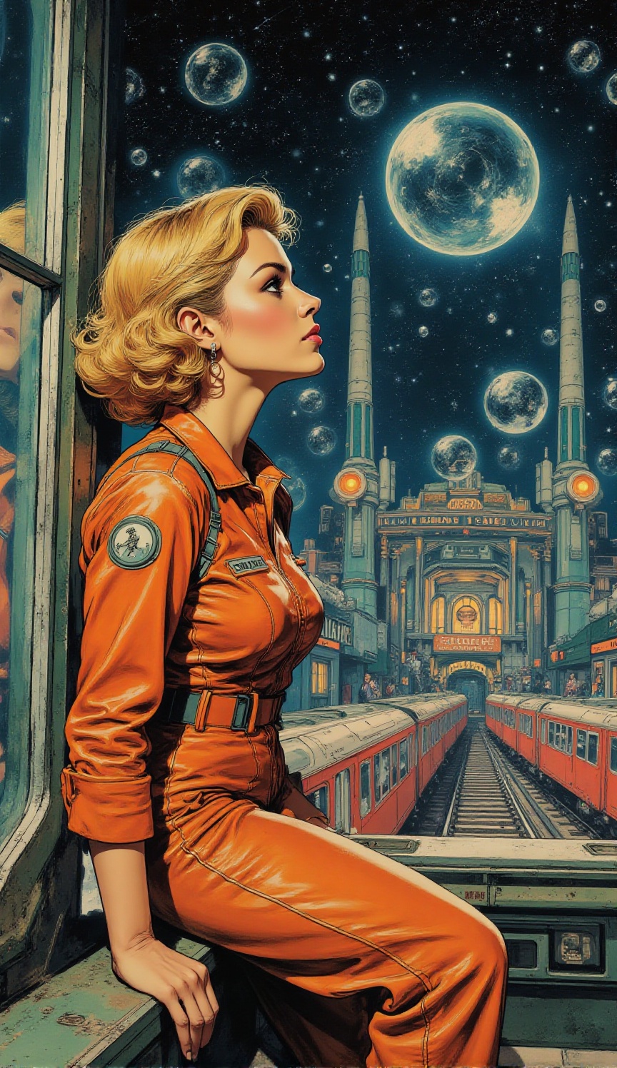 A beautiful and dreamy retro comic book illustration of a young woman with a classic blonde hairstyle,  leaning on a windo...