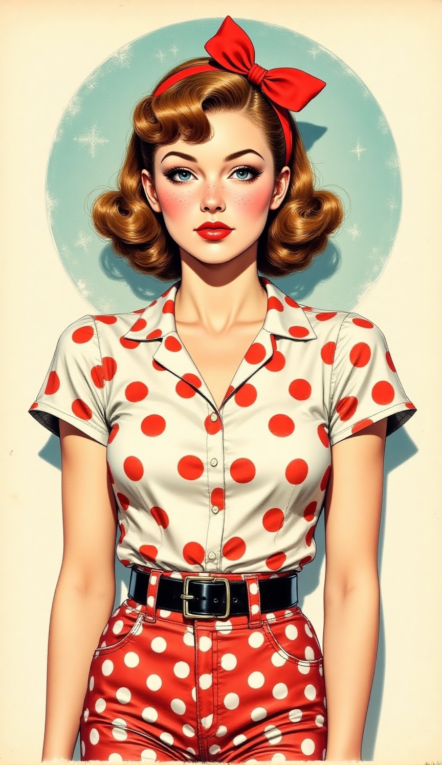 A close-up,  classic retro comic book portrait of a young woman with a charming expression. She has a neat bob with curled...