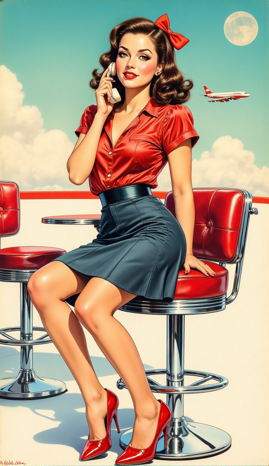 A vibrant,  classic pin-up girl illustration with a retro comic book style. A beautiful woman with dark,  wavy hair and a...