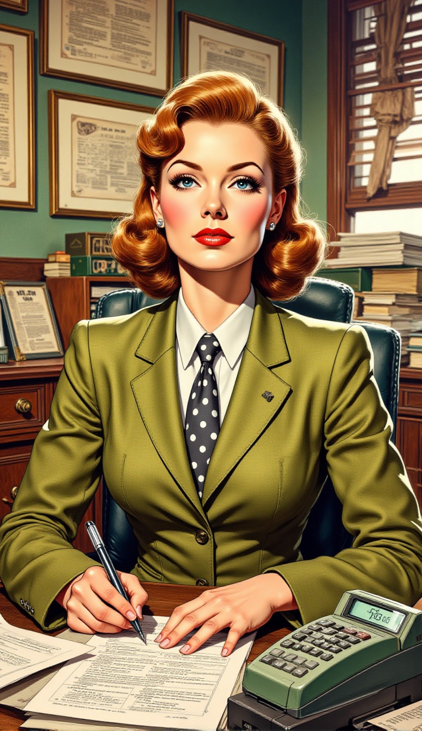 A classic comic book illustration of a focused and elegant woman at her office desk. She has a perfectly coiffed hairstyle...