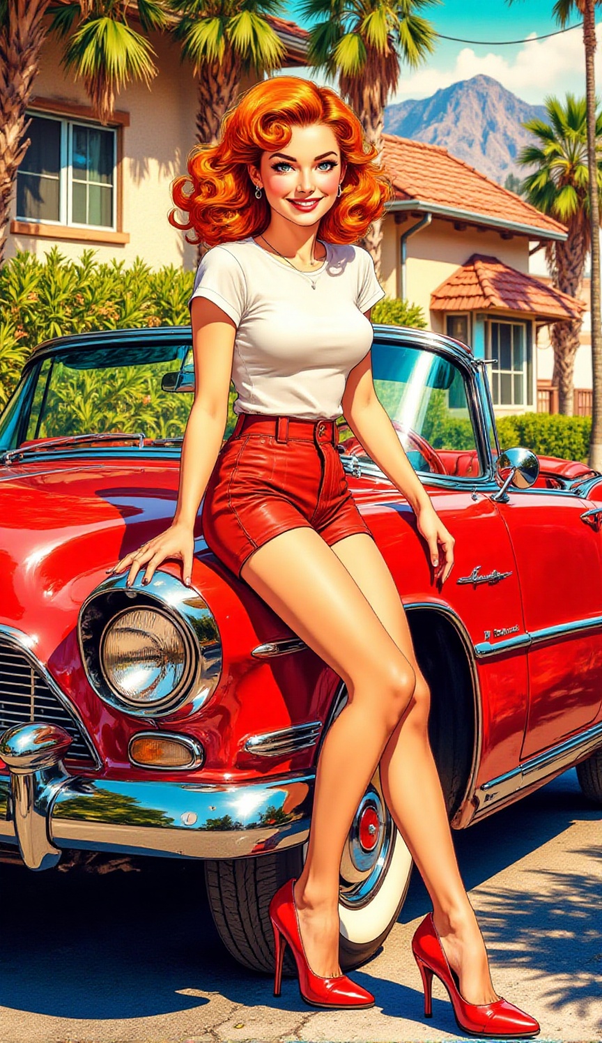 A classic comic book illustration of a joyful pin-up woman with a radiant smile and fiery red hair. She's leaning playfull...