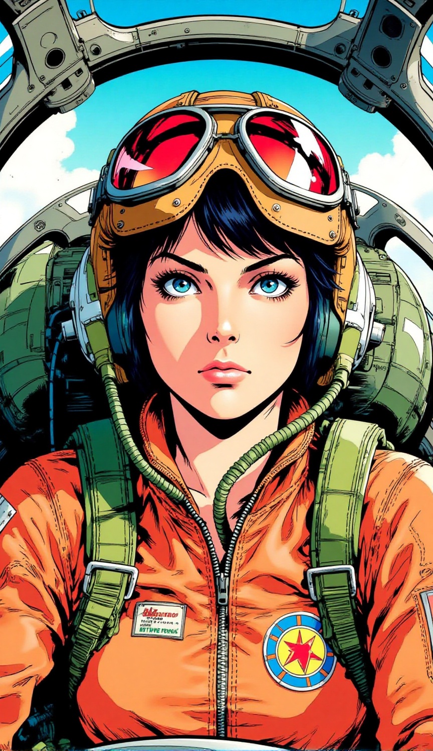 A dynamic retro comic book illustration of a determined young female pilot inside the cockpit of a fighter jet. She wears...
