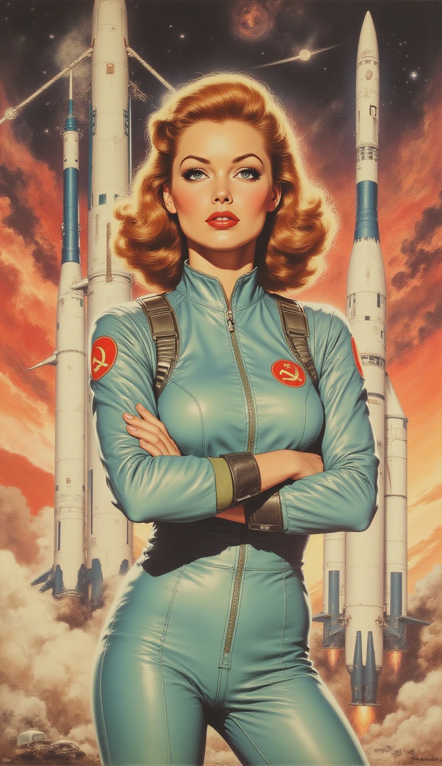 A vintage comic book-style portrait of a beautiful,  confident female cosmonaut. She stands with her arms crossed,  wearin...
