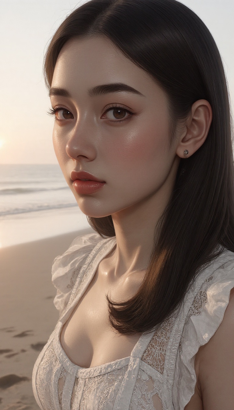 A young woman in a lace-patterned dress stands on a beach at sunset. The shot is framed close-up,  focusing on her elegant...