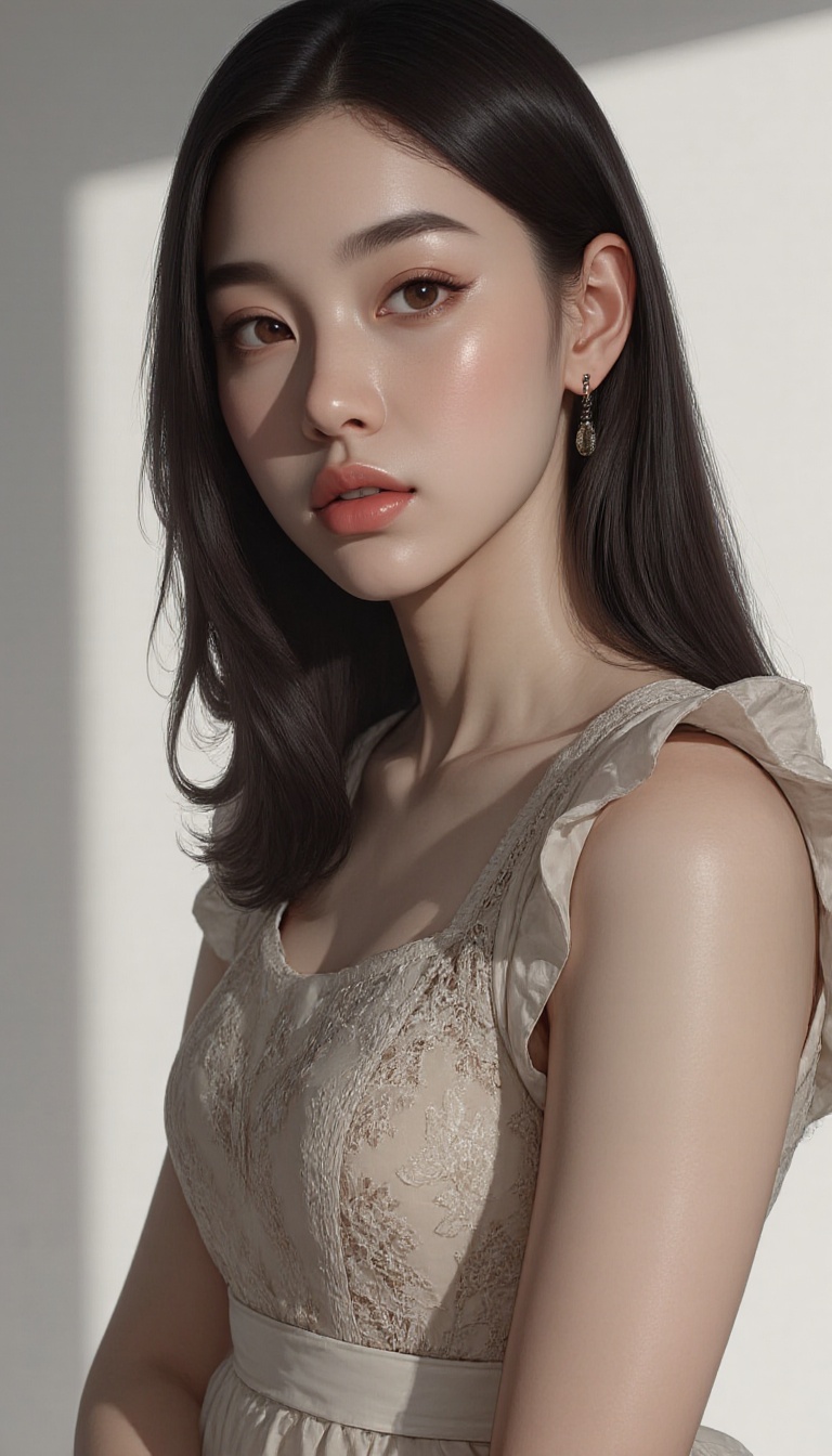 Close-up photo of a young woman in a dress with lace patterns. Framed closely,  focusing on her elegant pose. Soft natural...