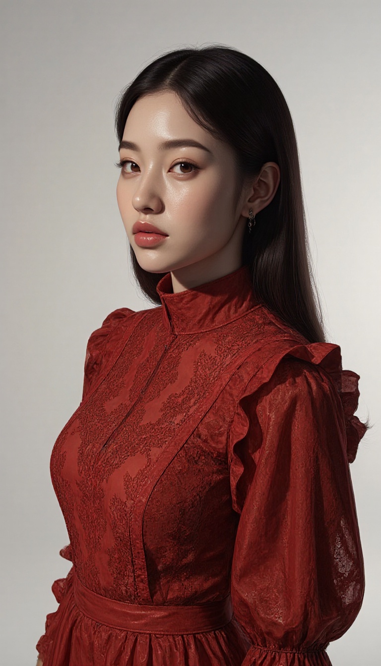 A young woman in a red turtleneck dress with lace pattern stands in a photo studio. The shot is framed close-up,  focusing...