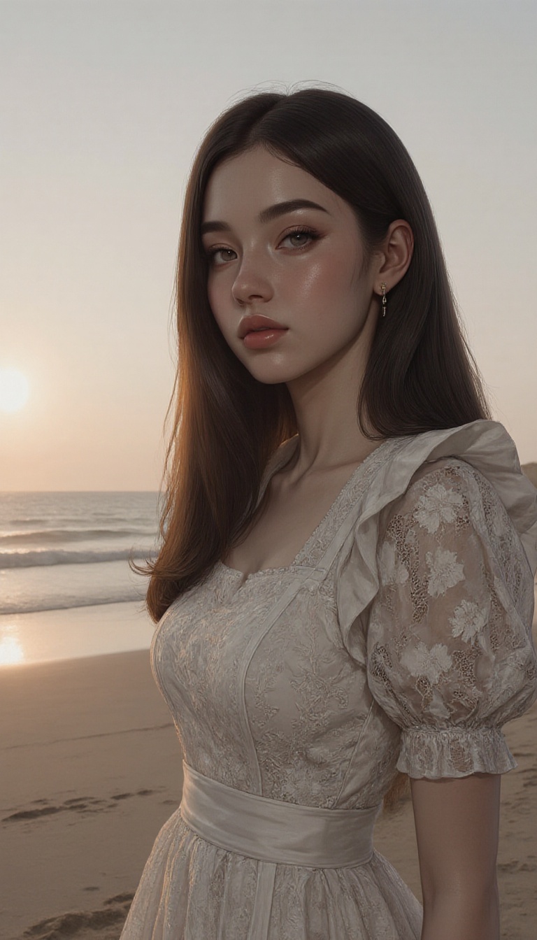 A young woman in a lace-patterned dress stands on a beach at sunset. The shot is framed close-up,  focusing on her elegant...