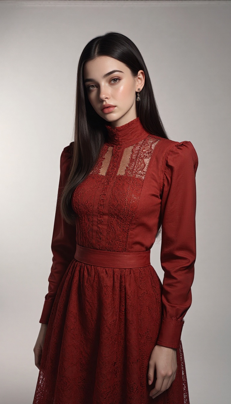 A young woman in a red turtleneck dress with lace pattern stands in a photo studio. The shot is framed close-up,  focusing...