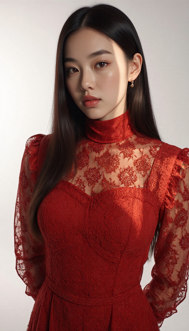 A young woman in a red turtleneck dress with lace pattern stands in a photo studio. The shot is framed close-up,  focusing...