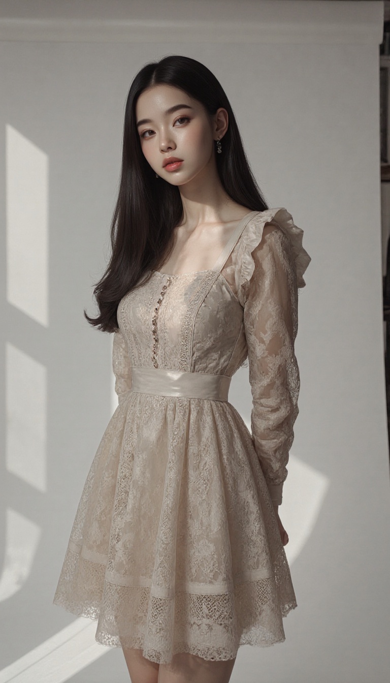 A young woman in a dress with lace pattern stands in a photo studio. The shot is framed close-up,  focusing on her elegant...