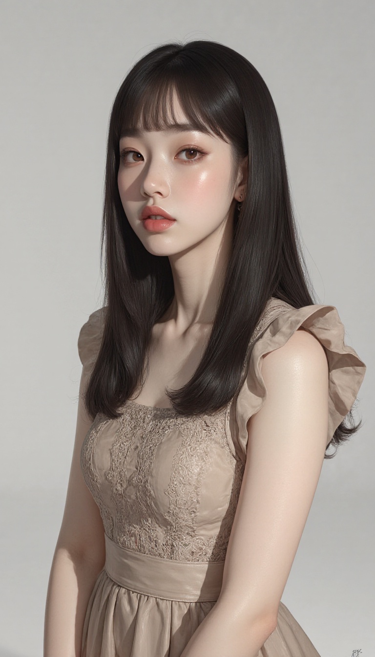 A young woman in a dress with lace pattern stands in a photo studio. The shot is framed close-up,  focusing on her elegant...