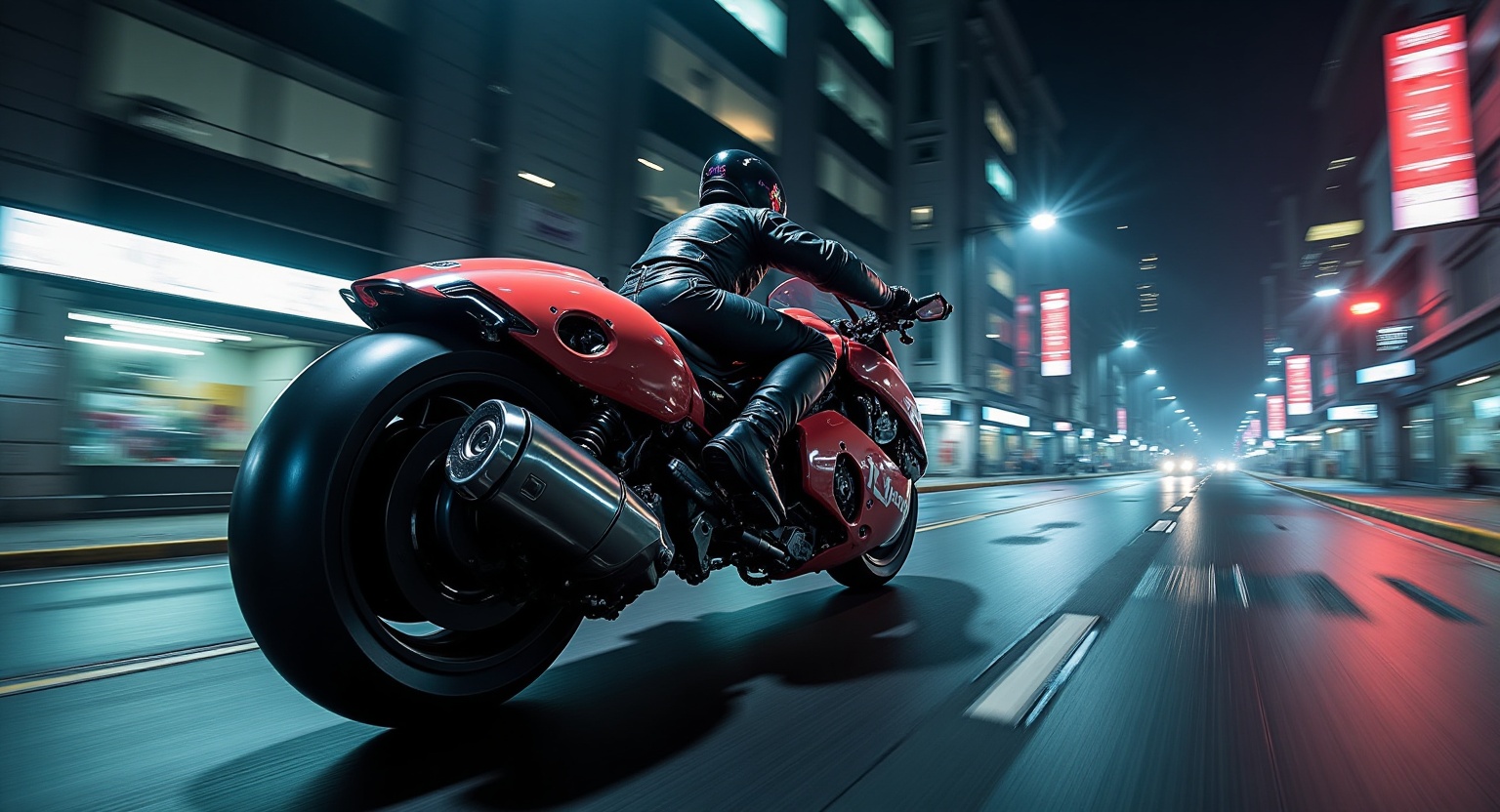 a futuristic motorcycle speeding on neon city street at night,  motion blur,  glowing reflections on wet asphalt on Tensor...