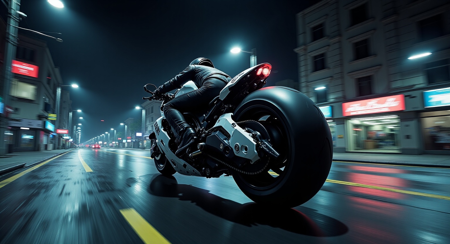 a futuristic motorcycle speeding on neon city street at night,  motion blur,  glowing reflections on wet asphalt on Tensor...