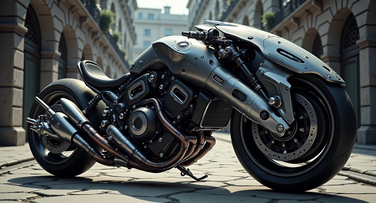 a futuristic motorcycle parked in the middle of the street,  ultra detailed engine,  exposed mechanical parts on Tensor.Art