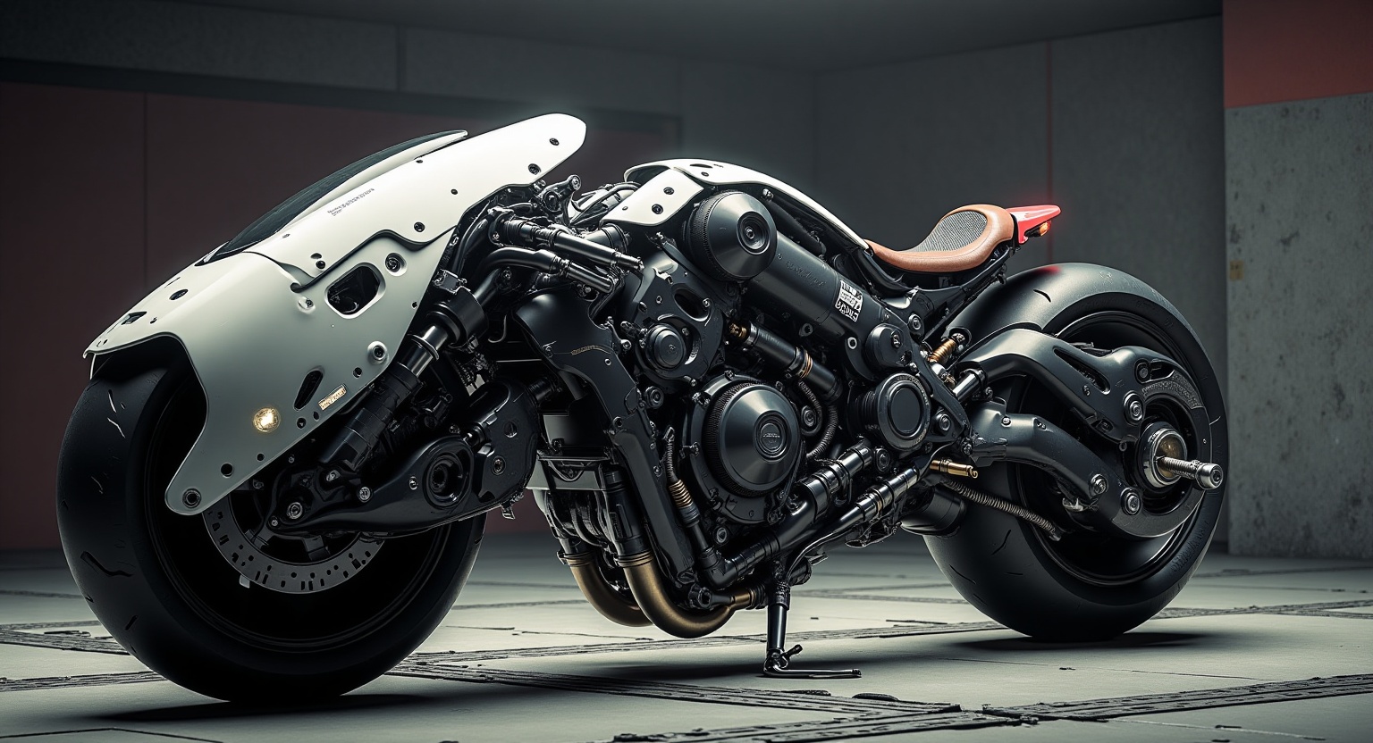 a futuristic motorcycle parked in the middle of the street,  ultra detailed engine,  exposed mechanical parts on Tensor.Art