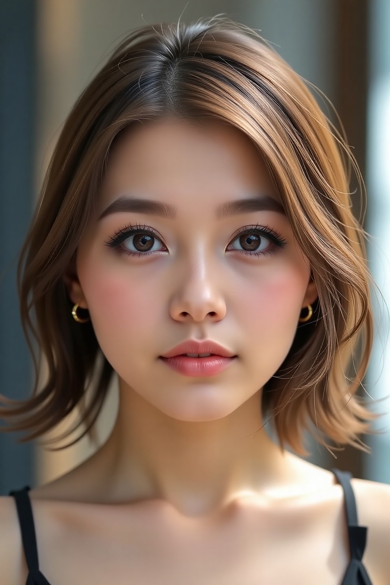 1girl solo medium hair looking at viewer brown hair brown eyes parted lips black eyes lips portrait realistic miz on Tenso...