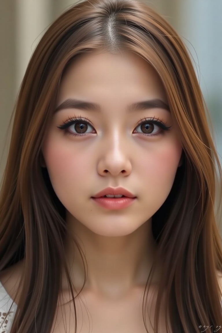1girl solo long hair looking at viewer brown hair brown eyes parted lips black eyes lips portrait realistic miz on Tensor.Art