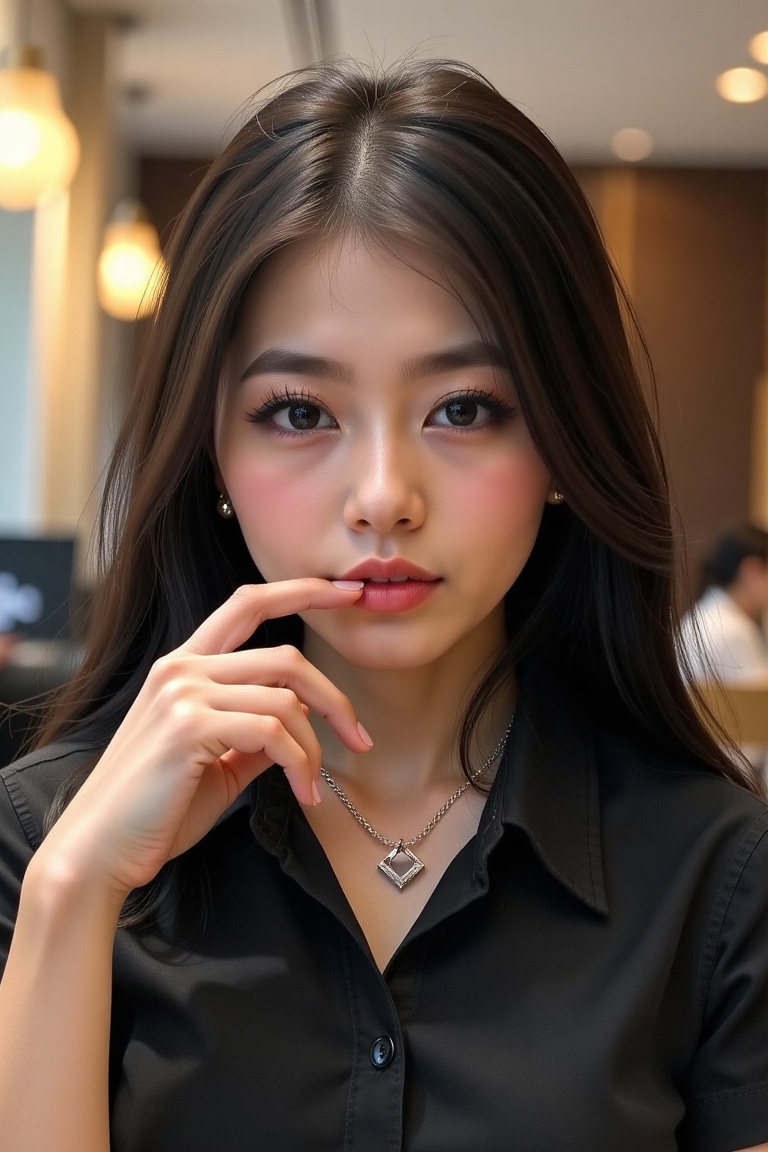 1girl solo long hair shirt black hair jewelry upper body short sleeves indoors necklace lips see-through hand on own face...