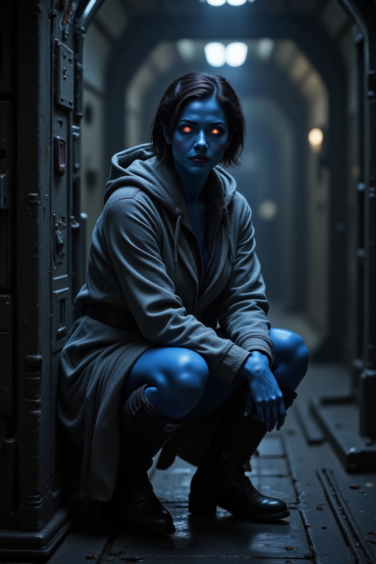 A realistic photo of a blue skinned woman with glowing red eyes,  no other features to the eyes,  just red. In the dimly l...