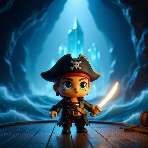 crystal cavern background,  vinyl pirate toy standing on stormy ocean deck,  cinematic volumetric light on Tensor.Art