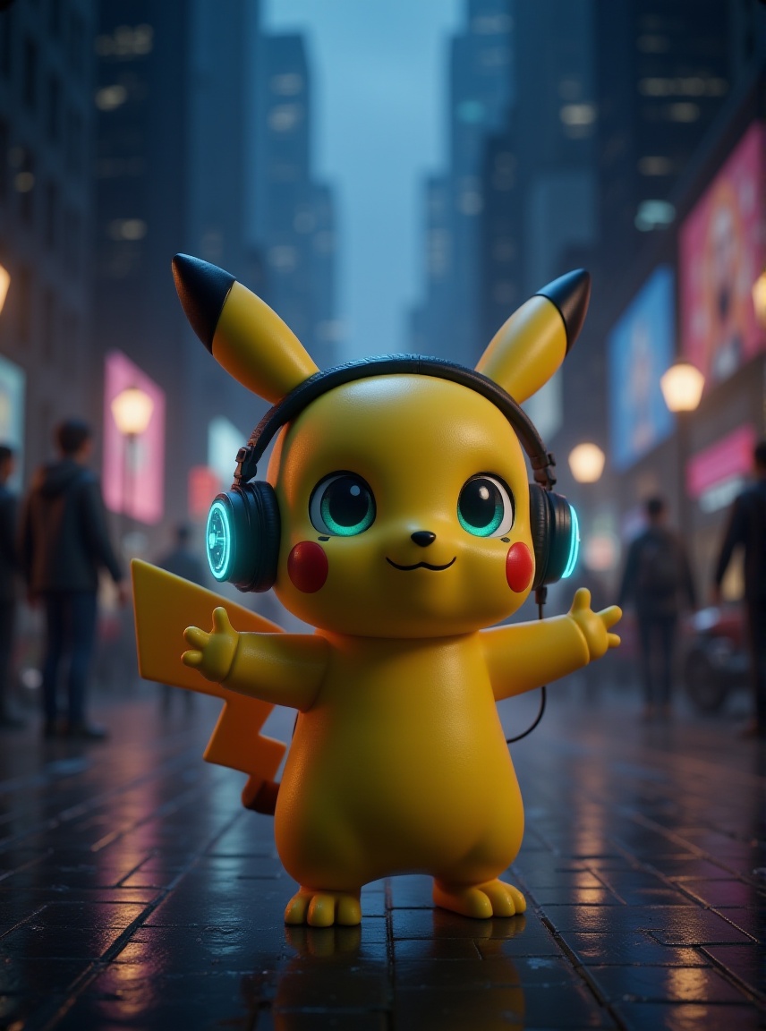 cinematic film still professional 3d model a toy with headphones on standing on a street,  unreal engine 4k wallpaper,  de...