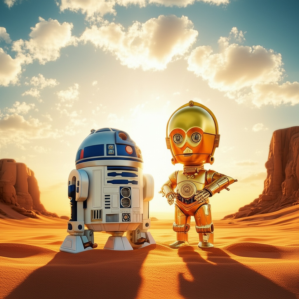 chibi vinyl R2-D2 and C-3PO toy duo,  standing in Tatooine desert sand,  cinematic 4K CGI ultra-detailed on Tensor.Art