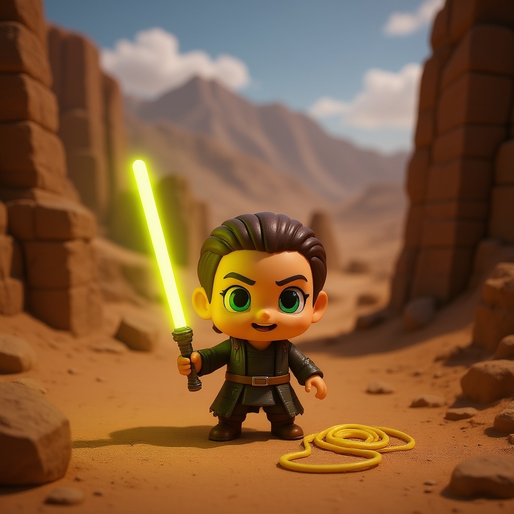 funny chibi Rey vinyl toy,  oversized glowing yellow lightsaber bent like a noodle,  standing dramatically in sandy ruins...