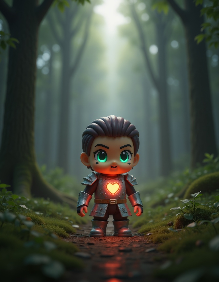 chibi vinyl Tin Man toy with shiny silver armor and glowing heart emblem,  standing in enchanted forest,  cinematic 4K CGI...