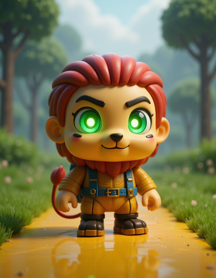 4K video game style,  vinyl cyborg toy.vinyl toy Cowardly Lion with fluffy mane and glowing eyes,  standing bravely on the...