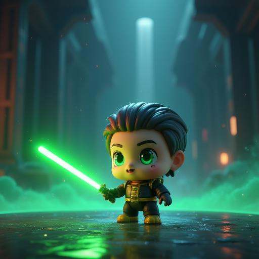 cinematic volumetric light,  chibi vinyl robot hero with glowing green lightsaber,  cinematic CGI ultra-detailed on Tensor...