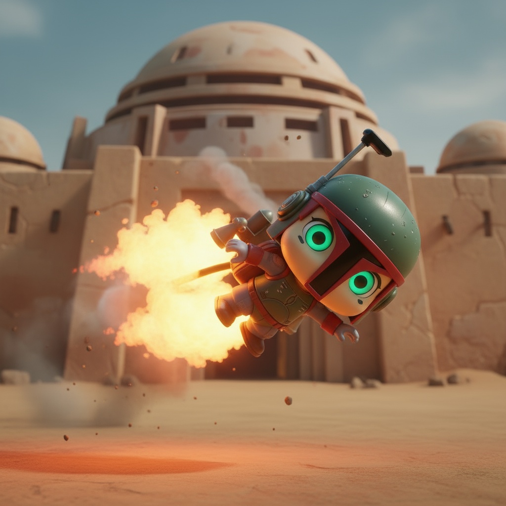 vinyl toy Boba Fett with oversized jetpack firing cartoonish flames,  flying awkwardly sideways,  standing in front of Jab...