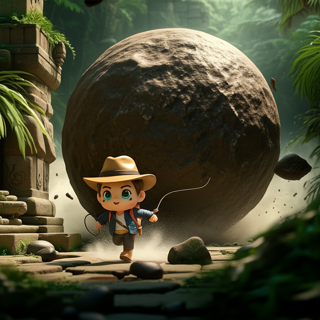vinyl Indiana Jones toy running from giant rolling boulder,  cinematic jungle ruins,  debris flying on Tensor.Art