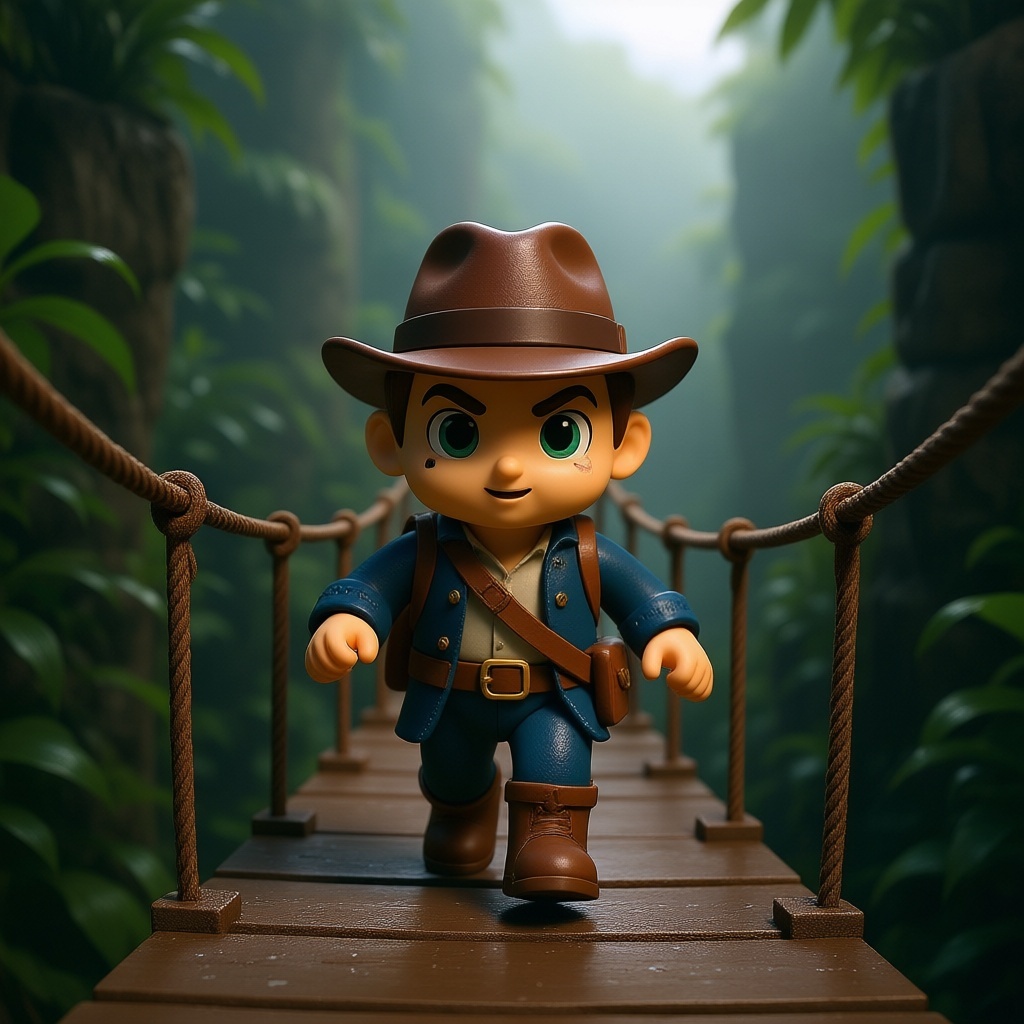 vinyl Indiana Jones toy with fedora and satchel,  running across a rope bridge over jungle canyon,  cinematic 4K CGI detai...