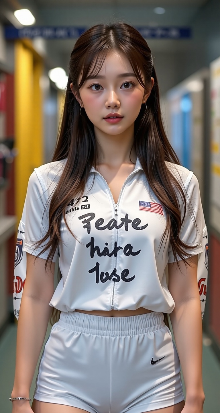 A high-resolution,  ultra-detailed image of a 1girl solo long hair brown hair black hair navel parted lips midriff blurry...