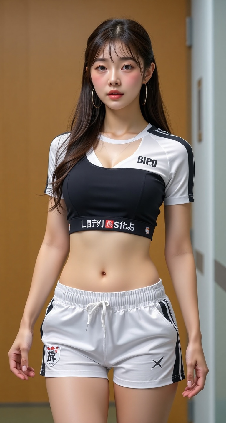 A high-resolution,  ultra-detailed image of a 1girl solo long hair brown hair black hair navel parted lips midriff blurry...