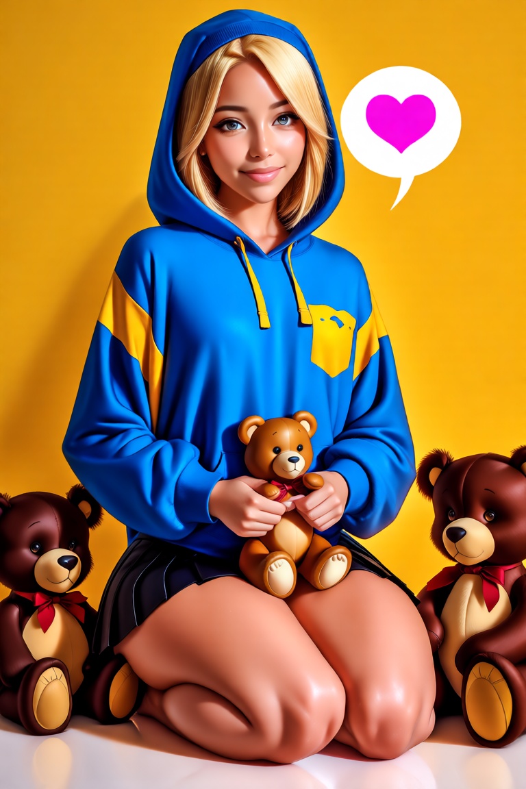 The image depicts a young person sitting on the floor,  surrounded by several teddy bears. The individual is wearing a blu...