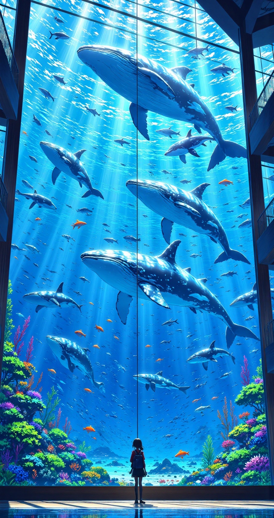 underwater_fantasy,  giant whales swimming inside massive aquarium,  girl watching through glass on Tensor.Art