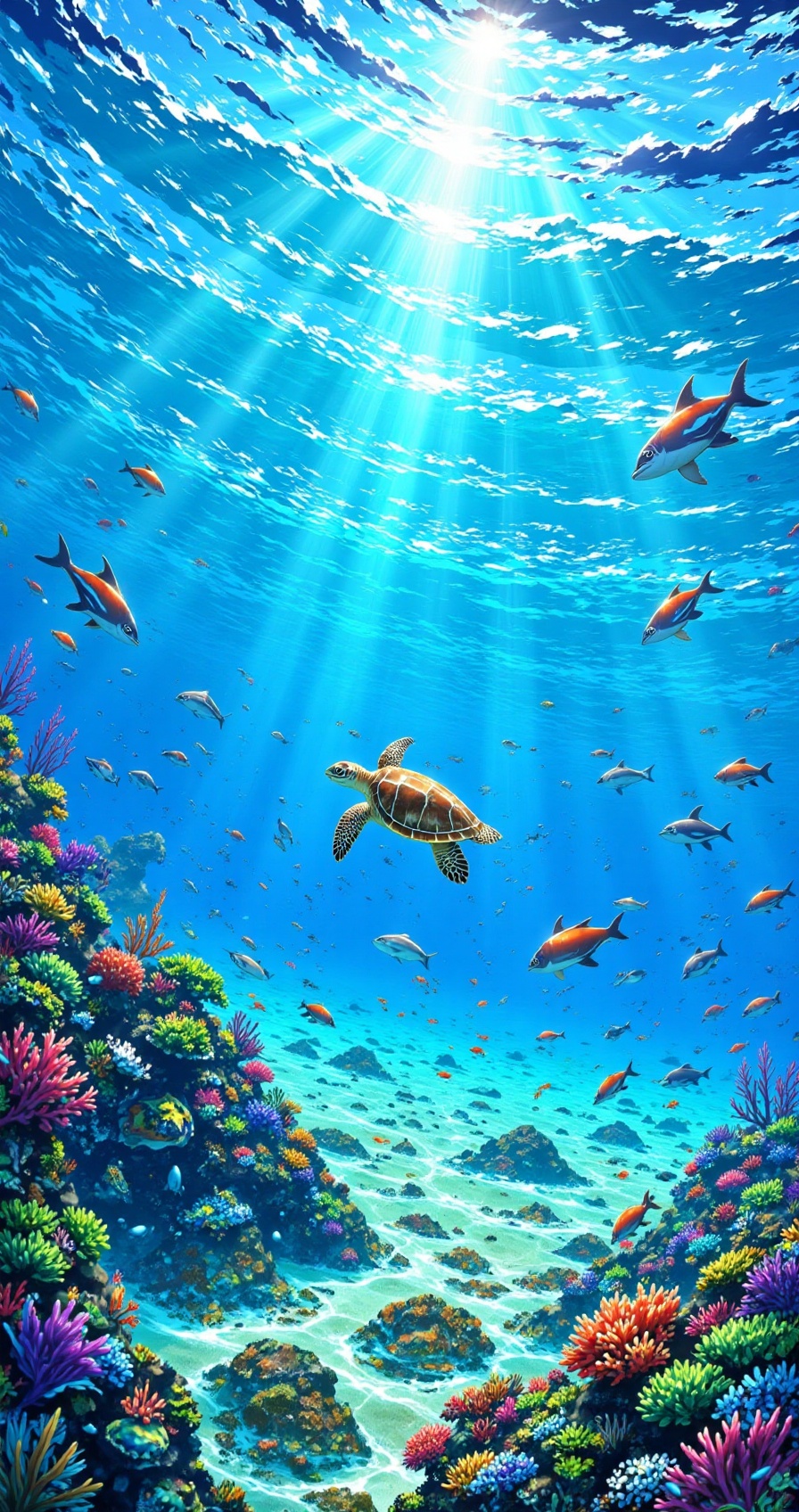 underwater_fantasy,  sea turtle swimming above coral reef,  colorful tropical fishes on Tensor.Art