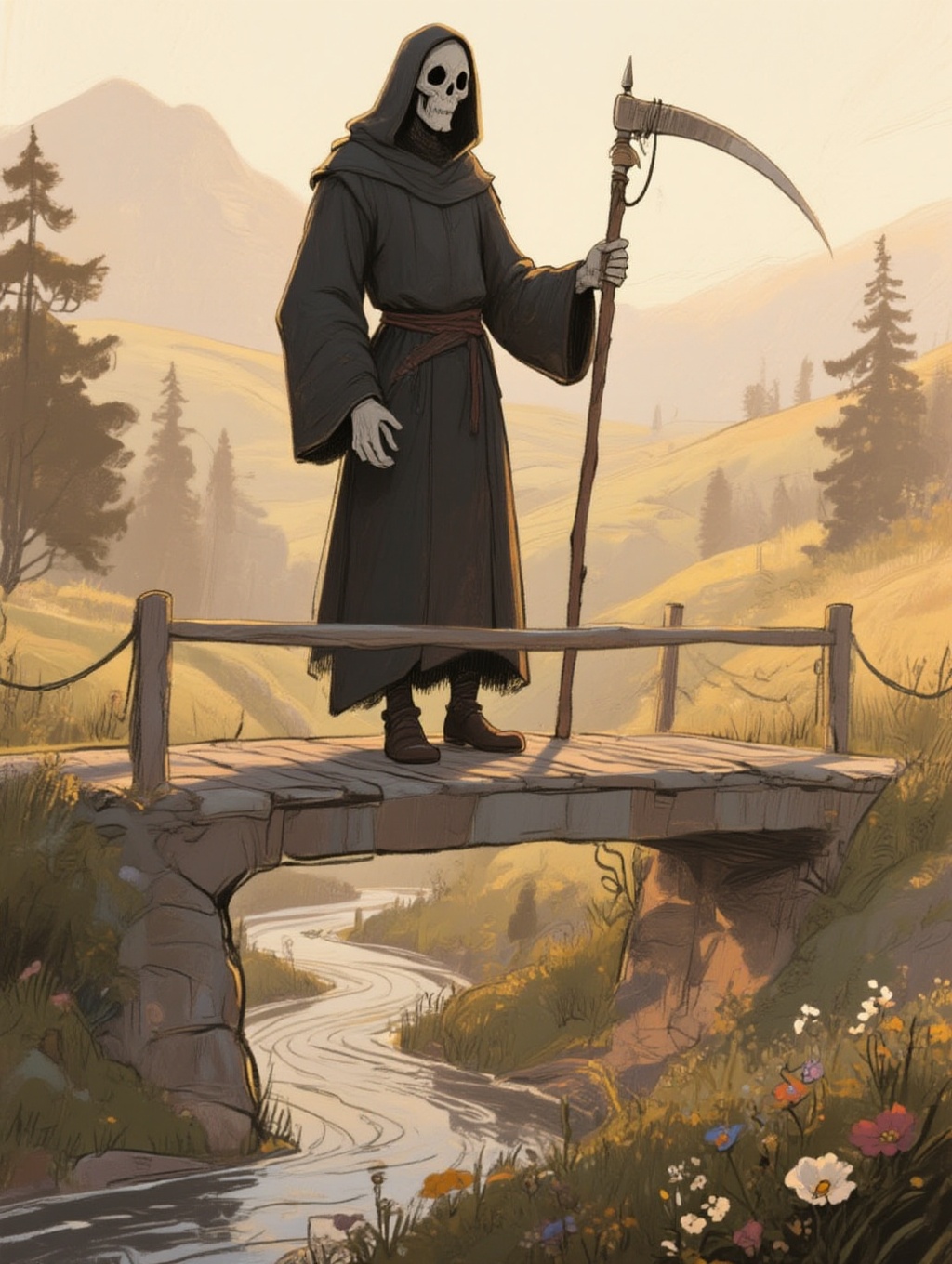 illustration of the grim reaper in his long black robes holding his scythe as he stands on a bridge spanning a winding str...