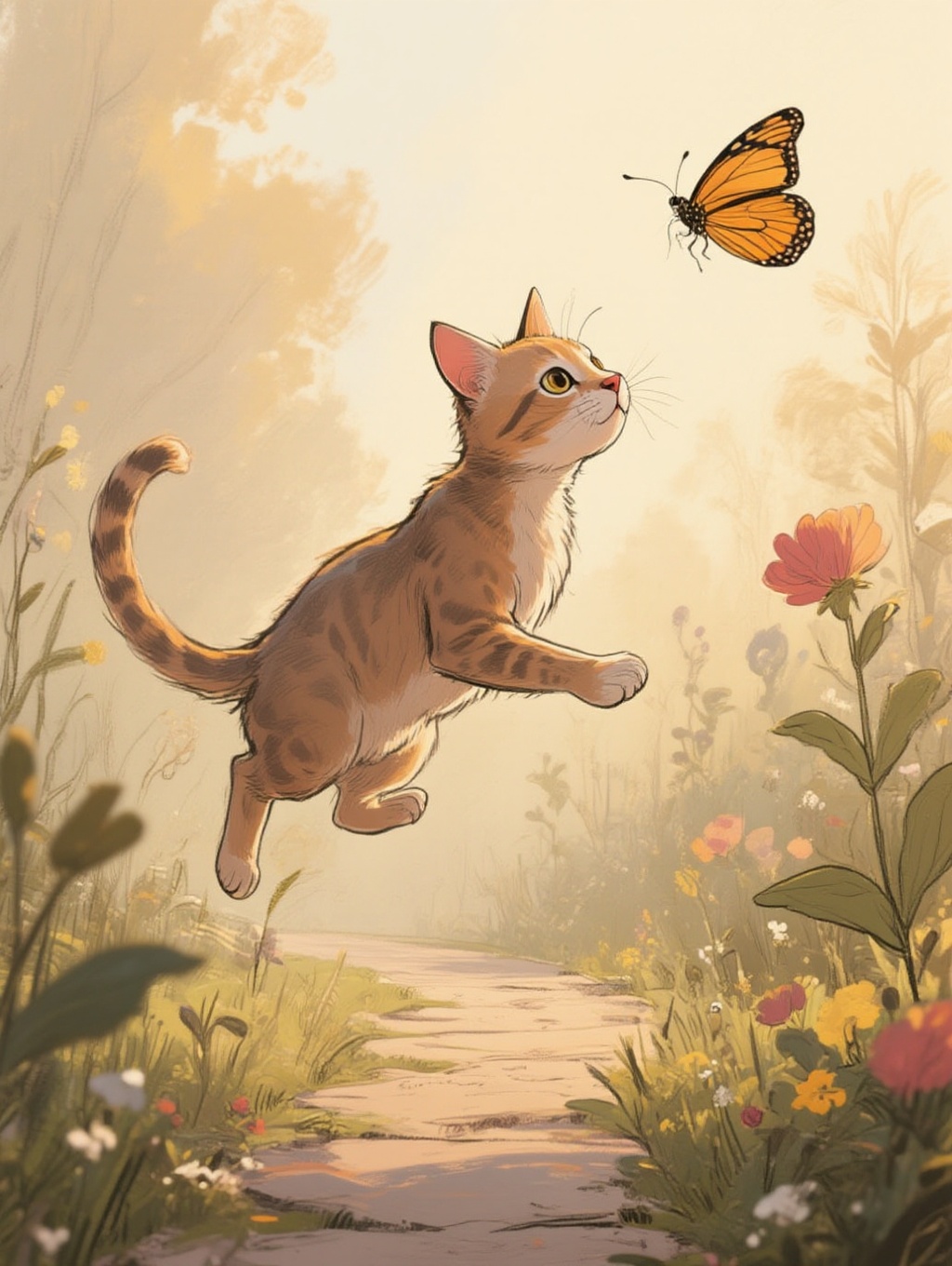 illustration of a cat mid-pounce towards a fluttering butterfly in a garden on Tensor.Art
