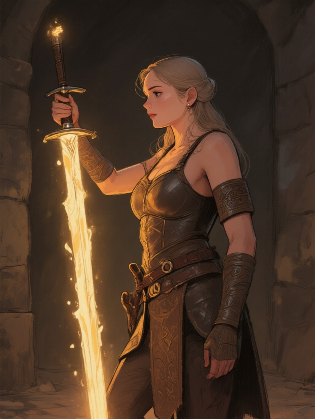 illustration of a female warrior-woman in form-fitting leather armor and holding glowing sword. Dark environment with stro...