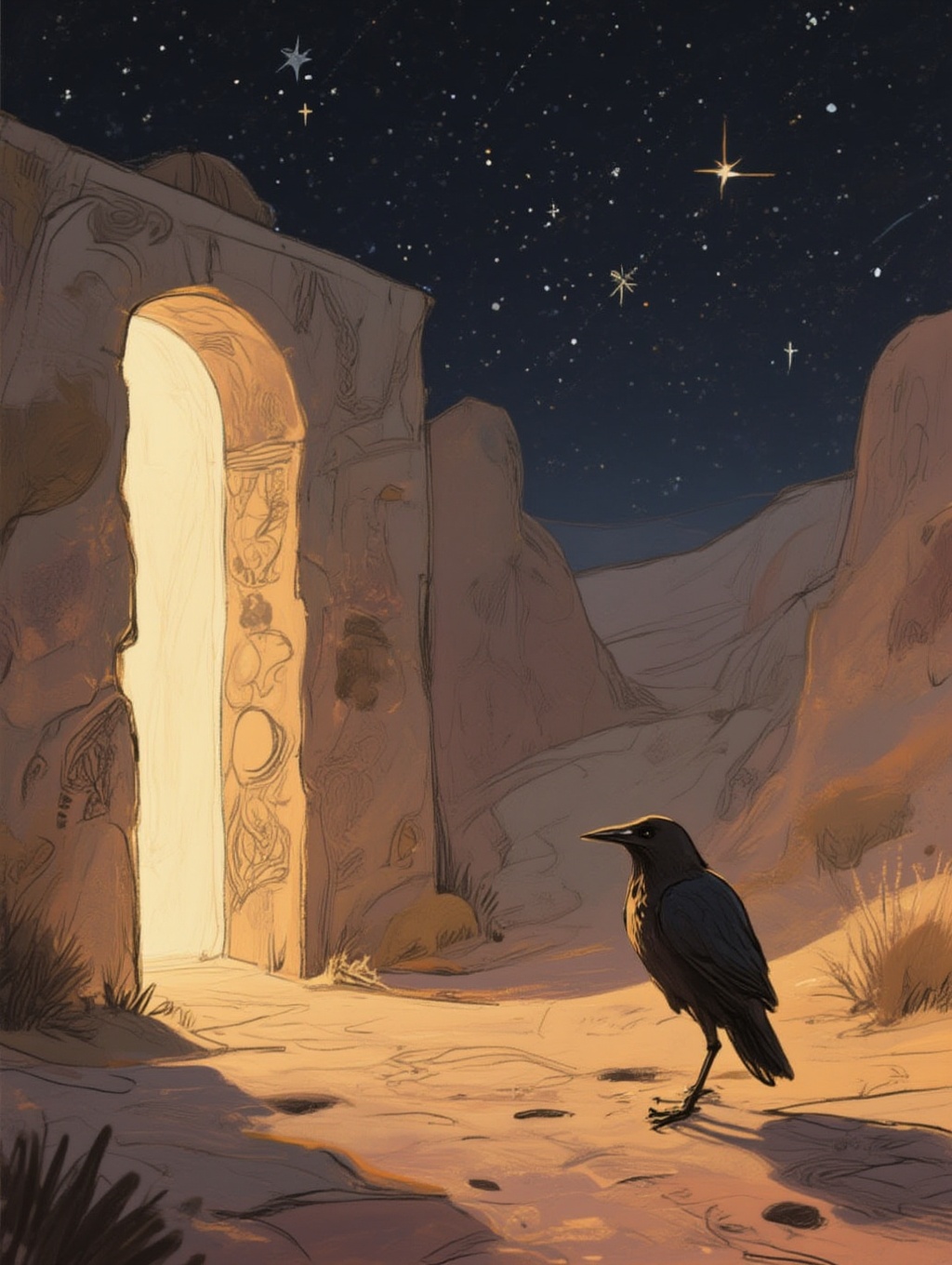 illustration of a cybersolarpunk tunnel leading to an enchanted desert oasis. Night stars tell our future. A black crow is...