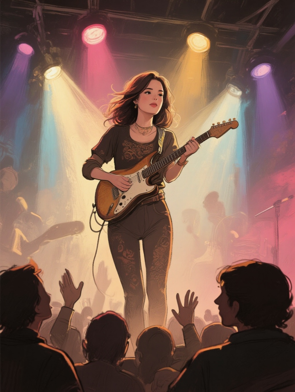 illustration of a rock-and-roll female singer on stage with dramatic colorful lights and smoke with dark silhouettes of he...